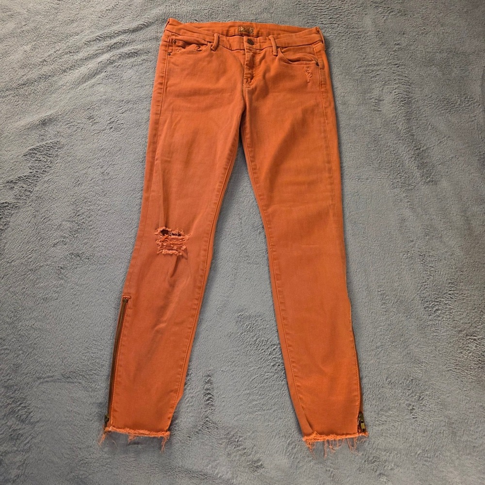 Mother Looker Zip Fray Jeans Red Jasper Orange Distressed Ankle Zip 29